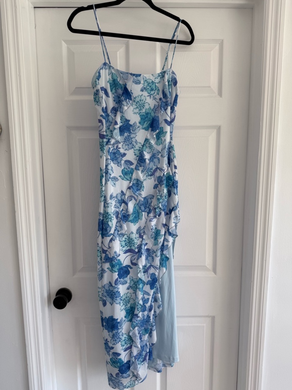 One and Only Collective Blue Floral Asymmetrical Ruffle Midi Dress High Slit M - Picture 3 of 6